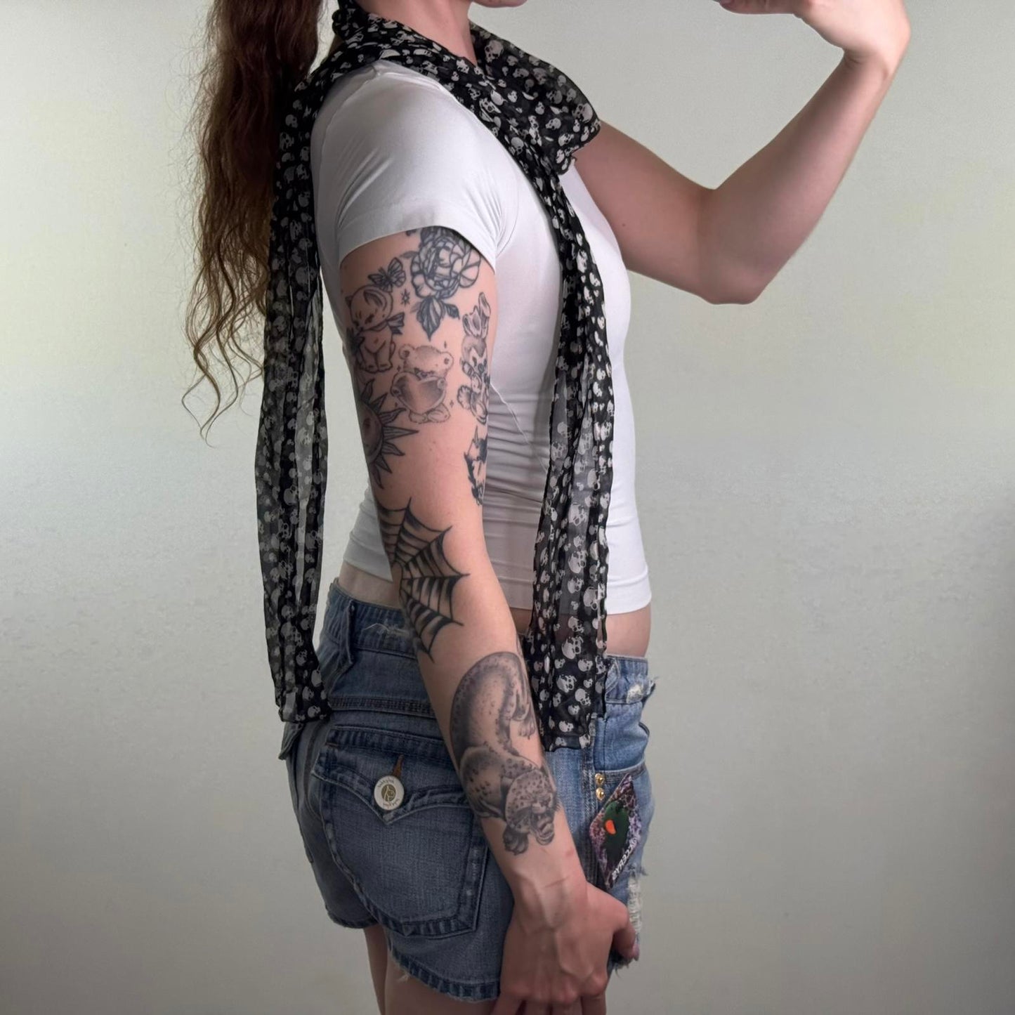 Y2K vintage sheer skull print skinny scarf black white