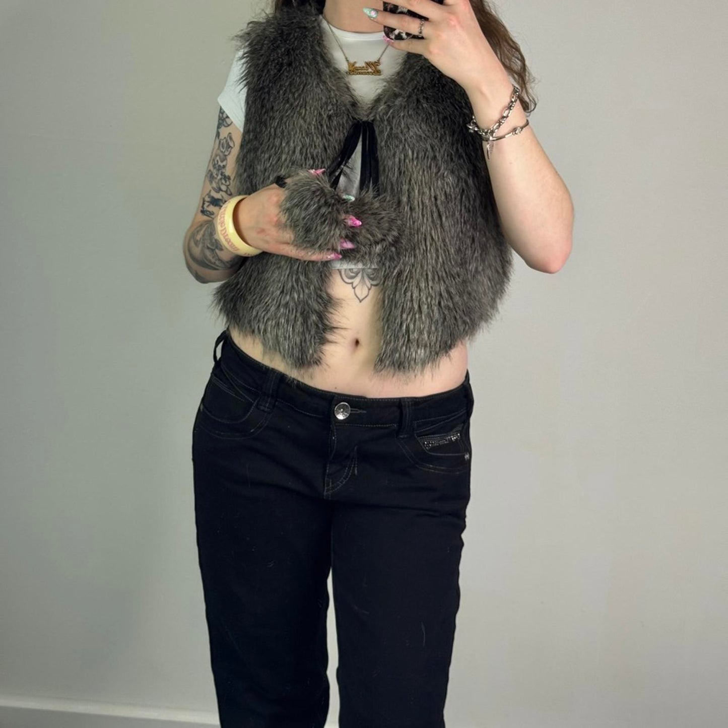 Y2K vintage grey faux fur sleeveless gilet jacket pom poms bow cropped v neck