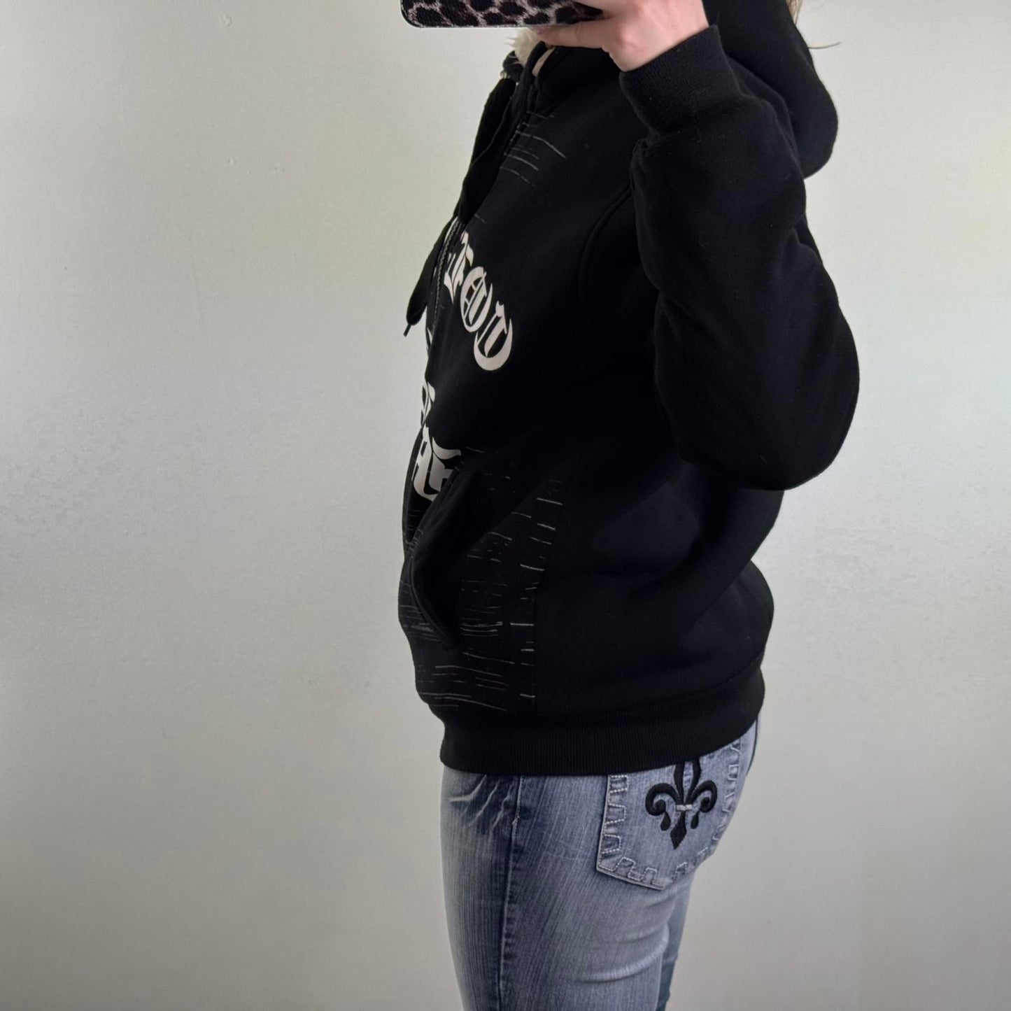 90s Y2K vintage faux fur lined zip up thick hoodie tribal text oversized chunky