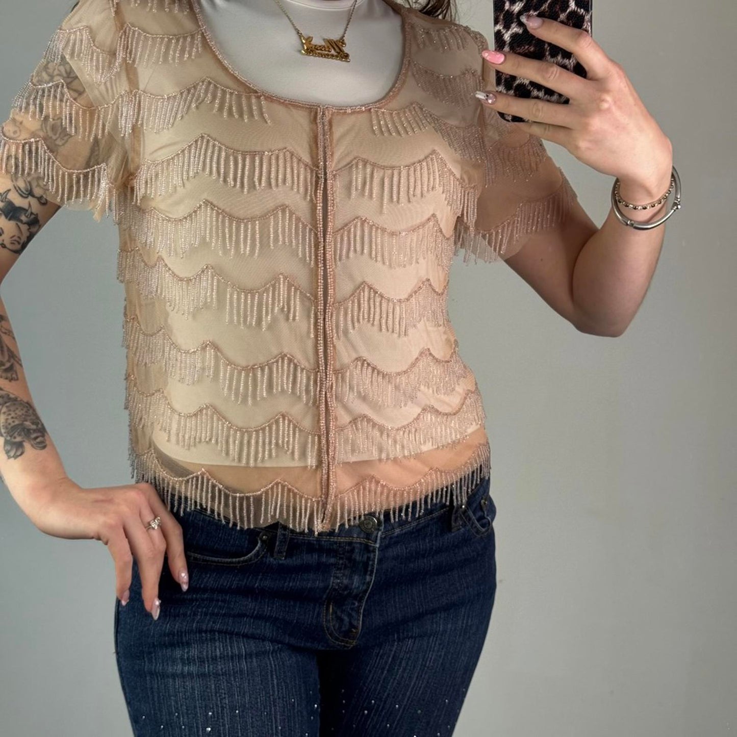 Y2K vintage peach mesh beaded tassel hook and eye short sleeve cardigan