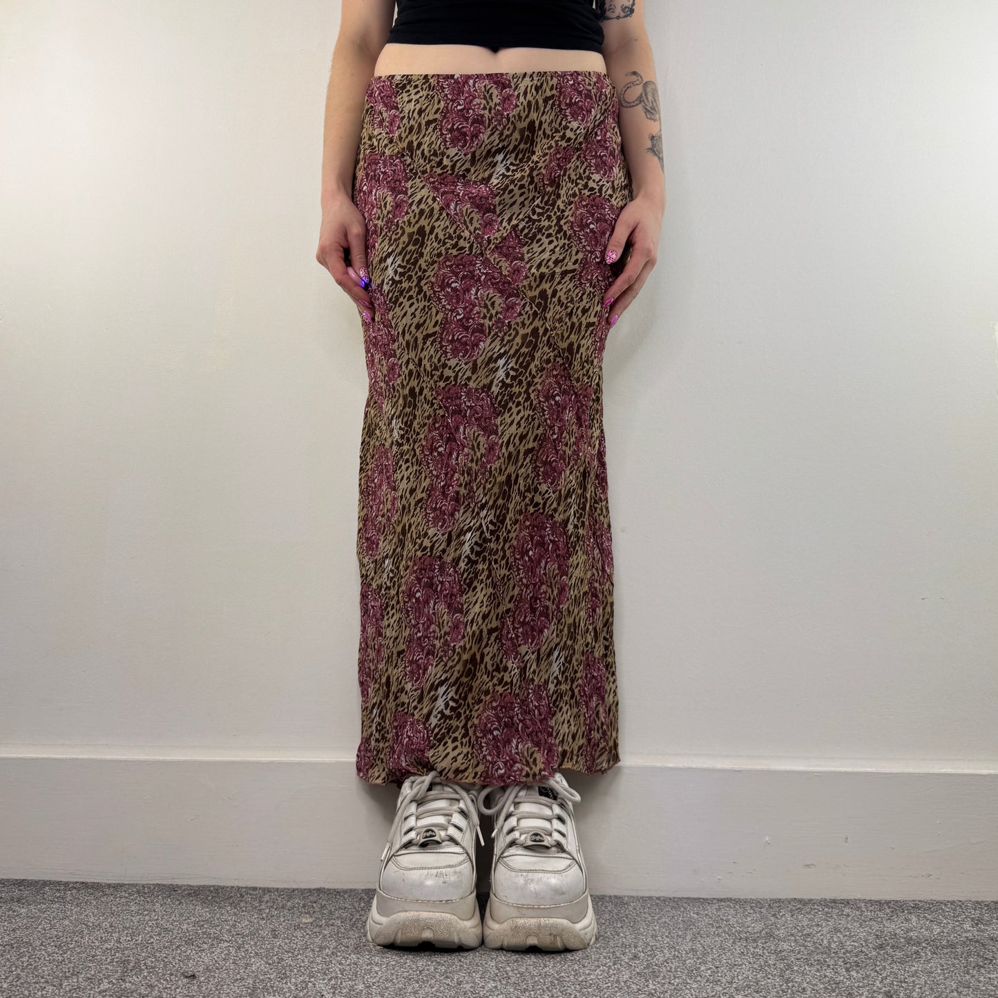 Y2K vintage leopard print frilly maxi skirt