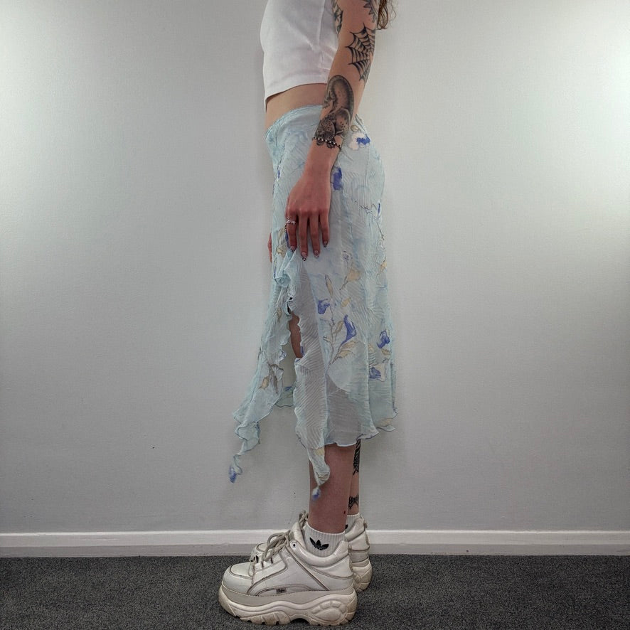 Y2K fairy floral ruffle crease floaty maxi skirt