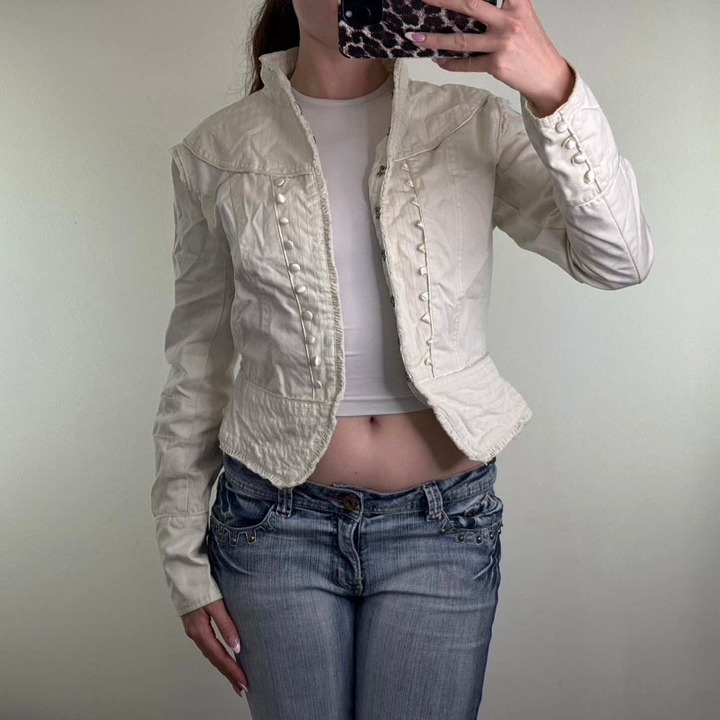 Y2K vintage military denim jacket hook and eye high neck stripe buttons archive