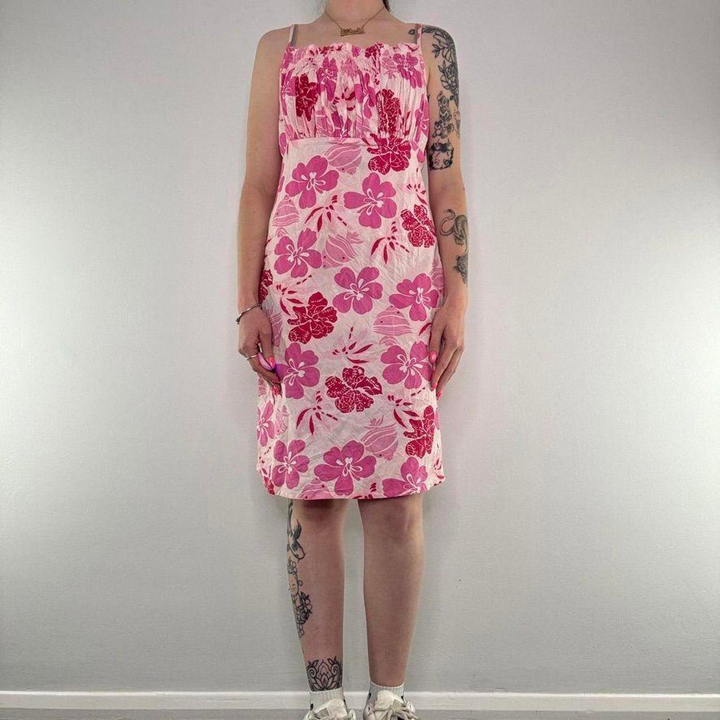Y2K vintage floral hibiscus ruched bust midi dress summer strappy pink
