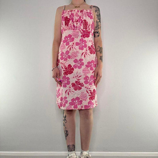 Y2K vintage floral hibiscus ruched bust midi dress summer strappy pink