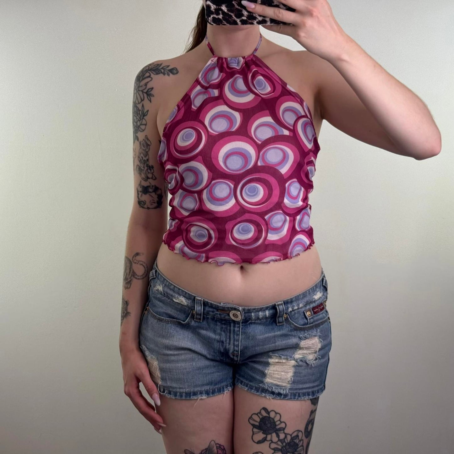 90s Y2K vintage mesh halter neck top double layer abstract circle pattern print