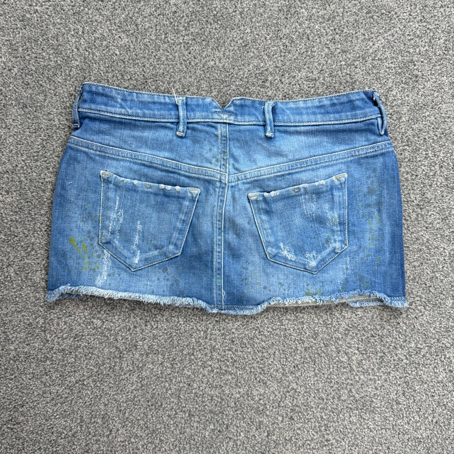 Diesel micro low rise paint splattered faded denim mini skirt