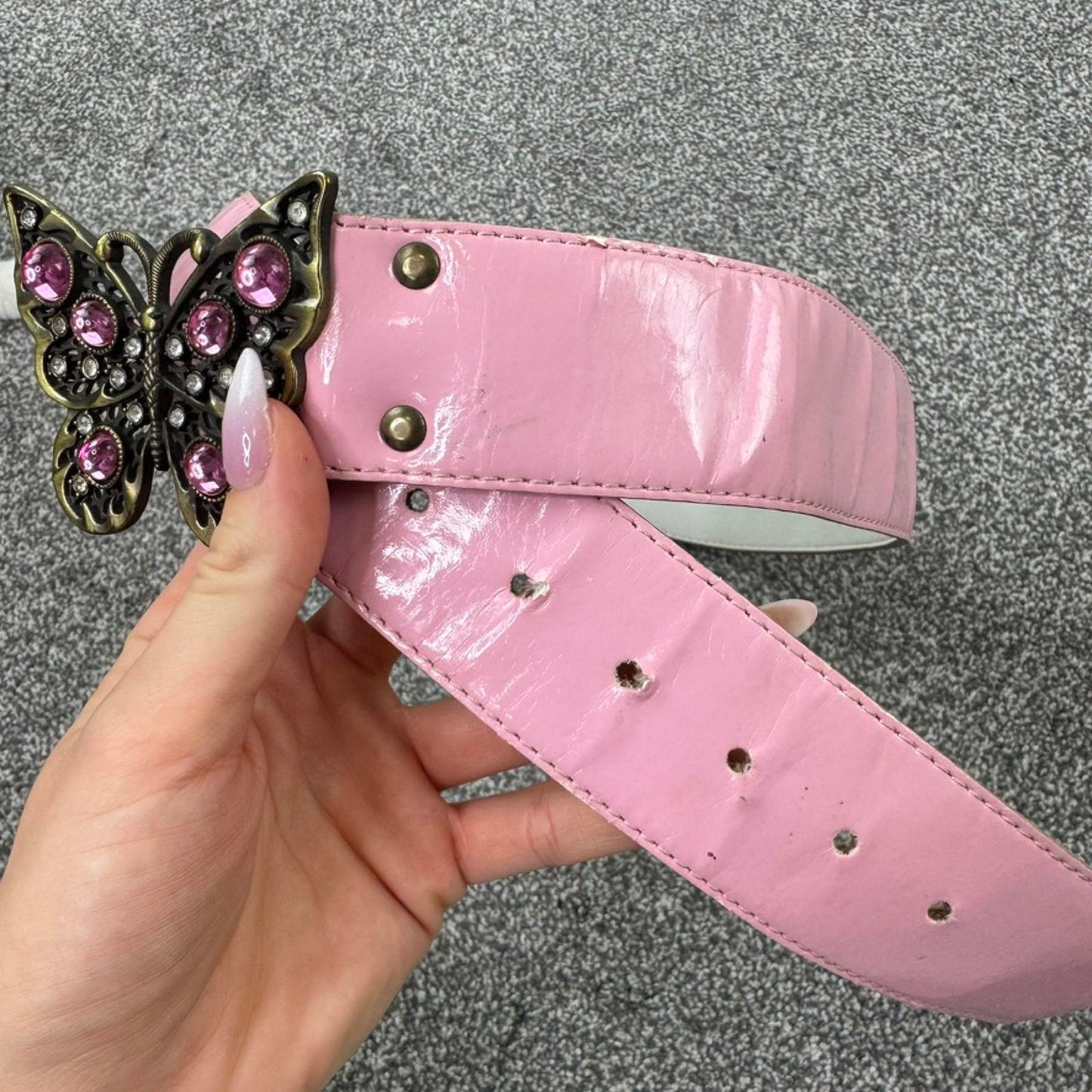 Y2K vintage faux patent leather butterfly belt rhinestone baby pink shiny
