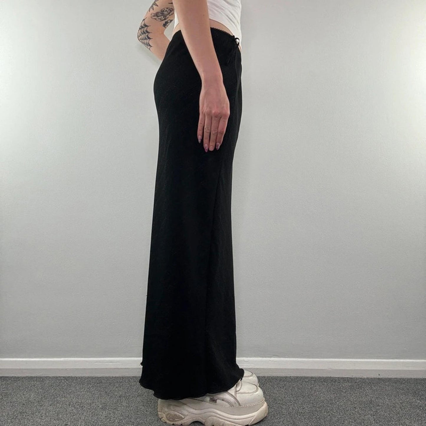 Y2K vintage sparkly stripe bow maxi skirt stretchy office work formal flowy