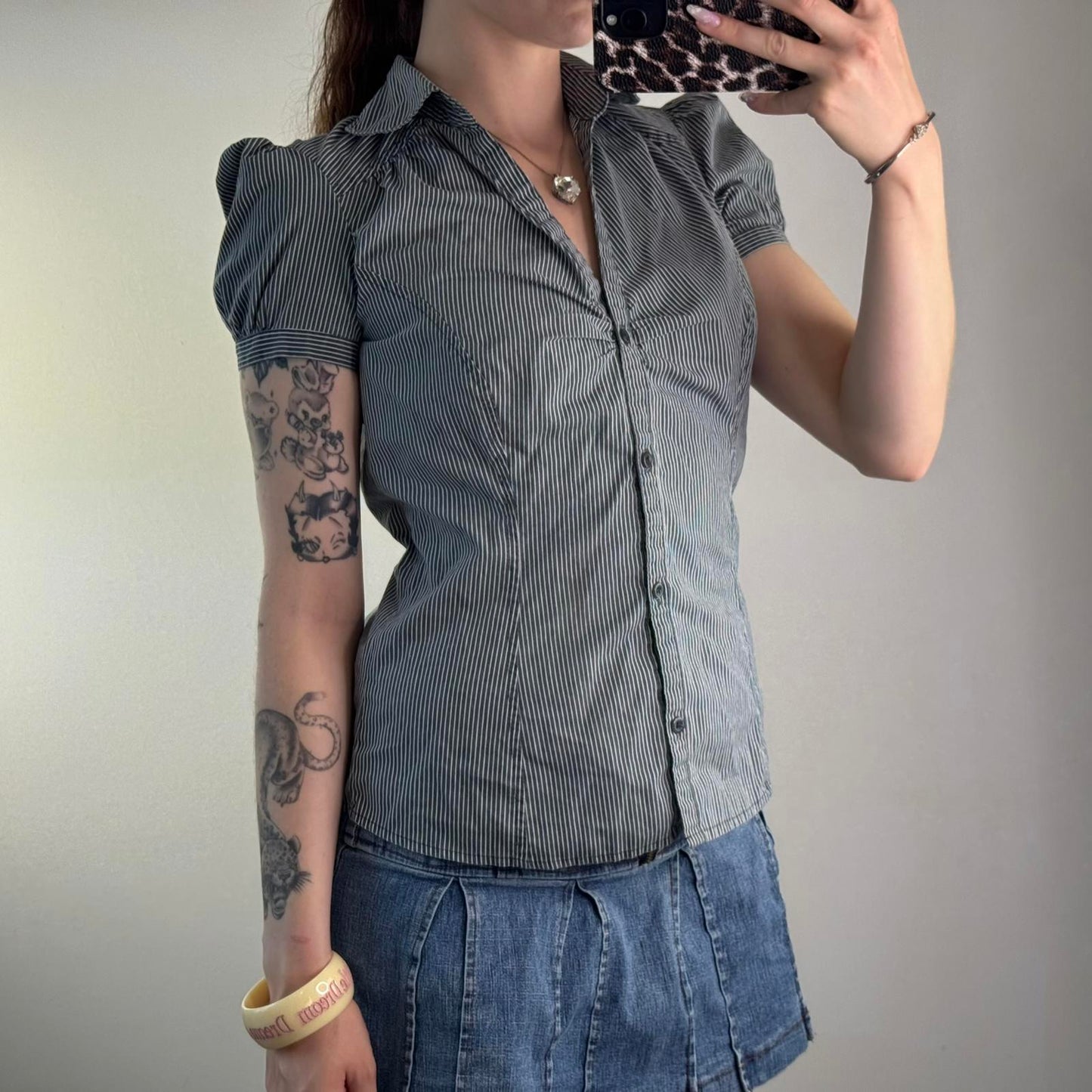 Y2K vintage pinstripe button up short sleeve blouse v neck ruched shirt