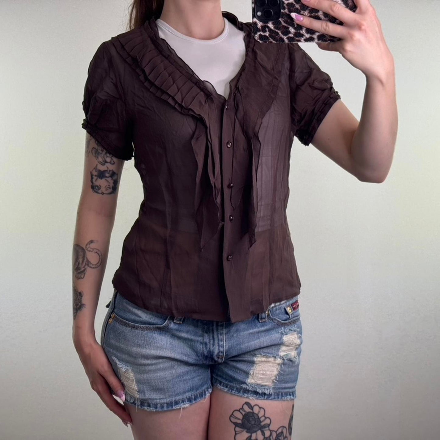 Y2K vintage 100% pure silk short sleeve blouse v neck pleated ruffle frill sheer