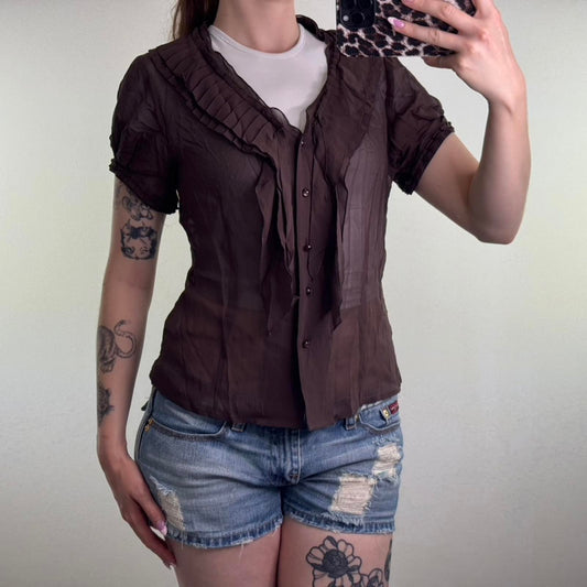 Y2K vintage 100% pure silk short sleeve blouse v neck pleated ruffle frill sheer