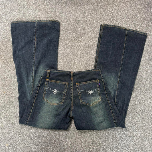 Y2K vintage mid rise flared oversized baggy faded denim jeans star embroidery