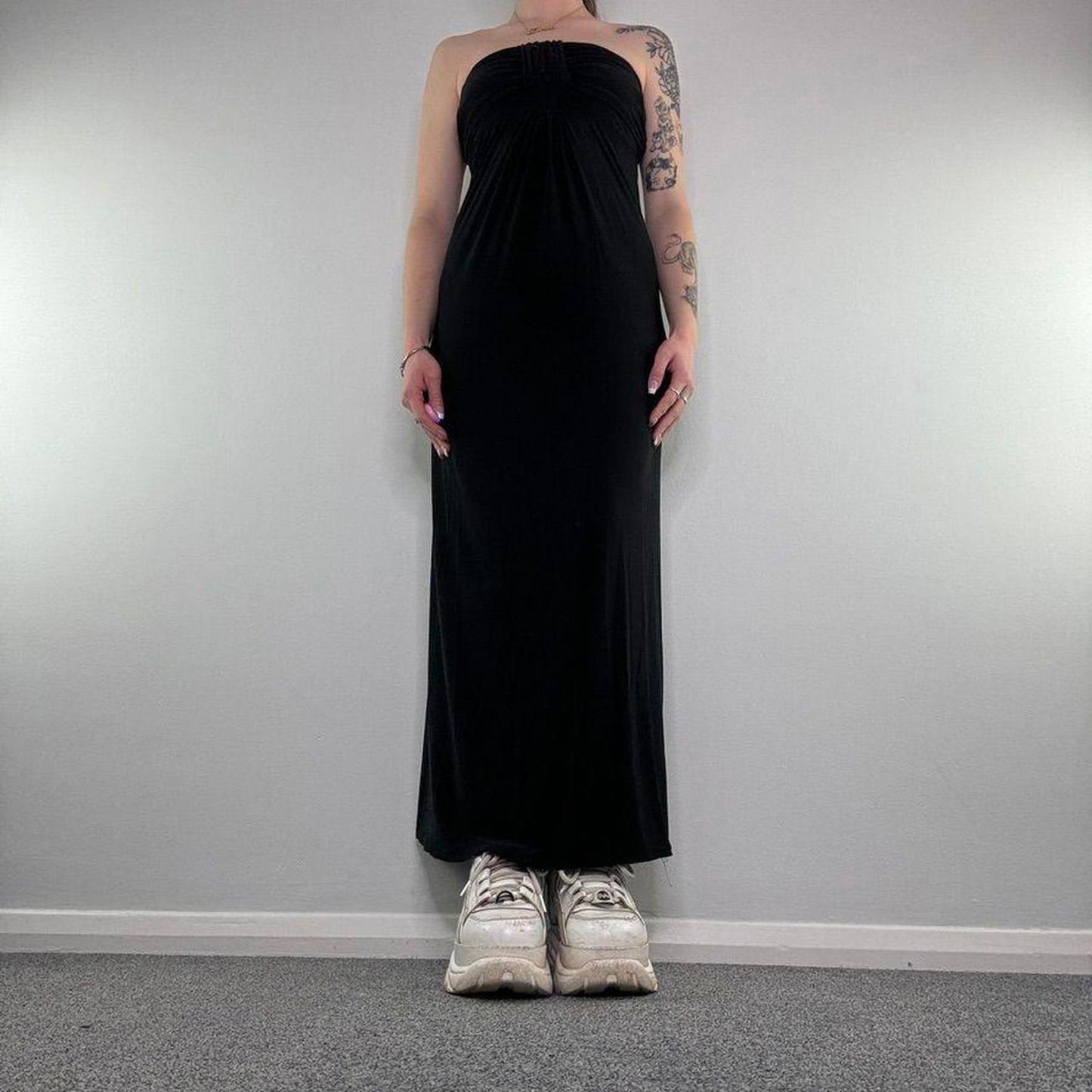 Y2K vintage slinky strapless ruched bust summer maxi dress stretchy tie back bow