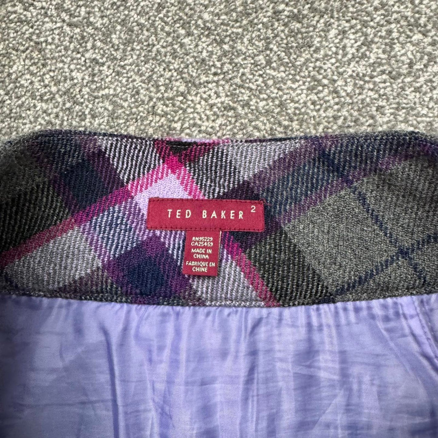 Y2K vintage Ted Baker wool mini skirt tartan buckle side pockets purple grey