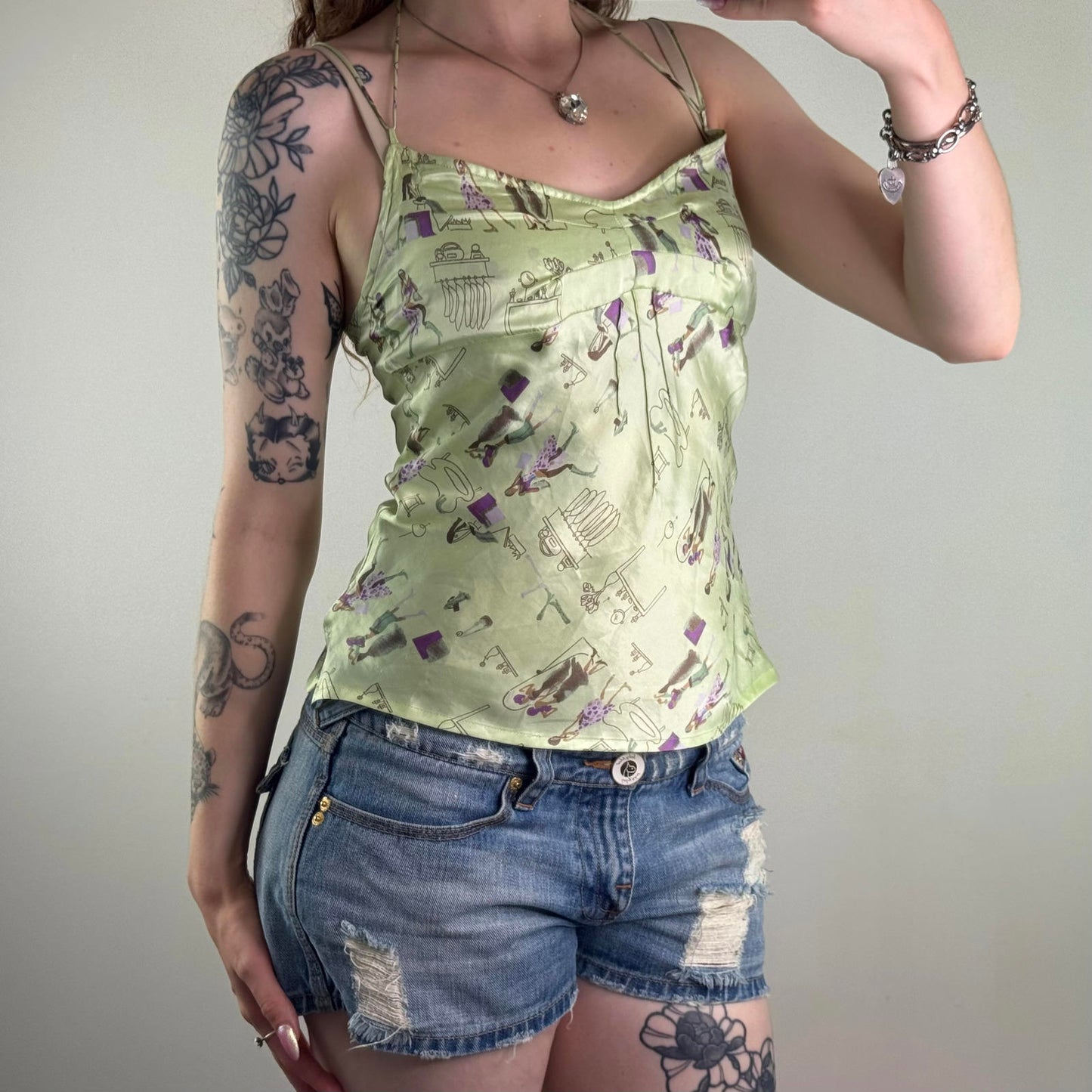 Y2K vintage graphic print satin strappy cami top fashion shopping light green