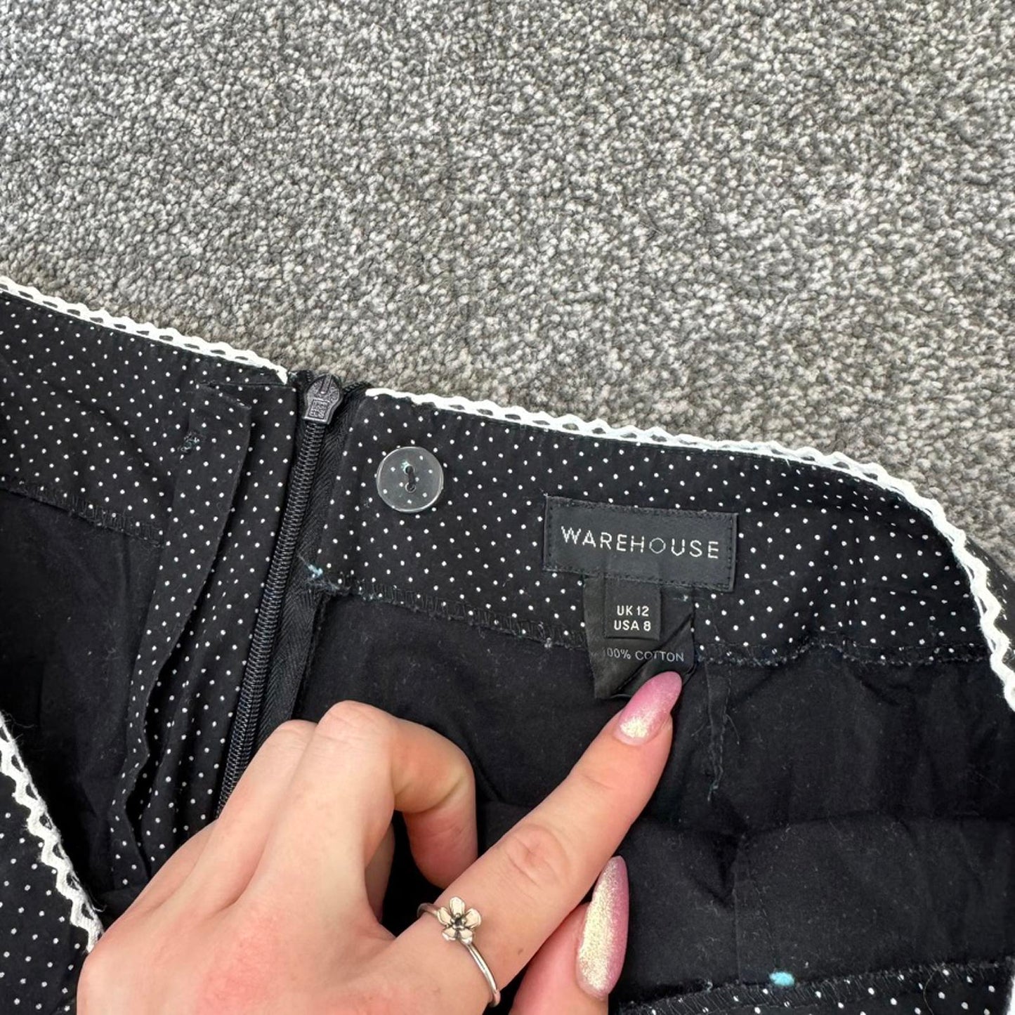 Y2K vintage polka dot midi skirt white trim black knee length spotty high waist
