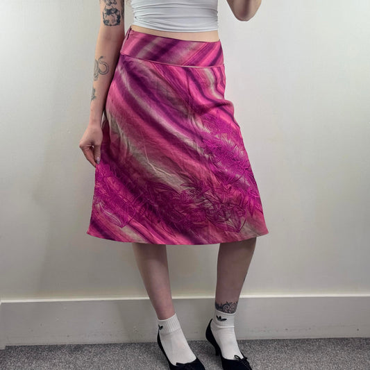 Y2K vintage 100% linen stripe midi skirt a line knee length floral embroidered