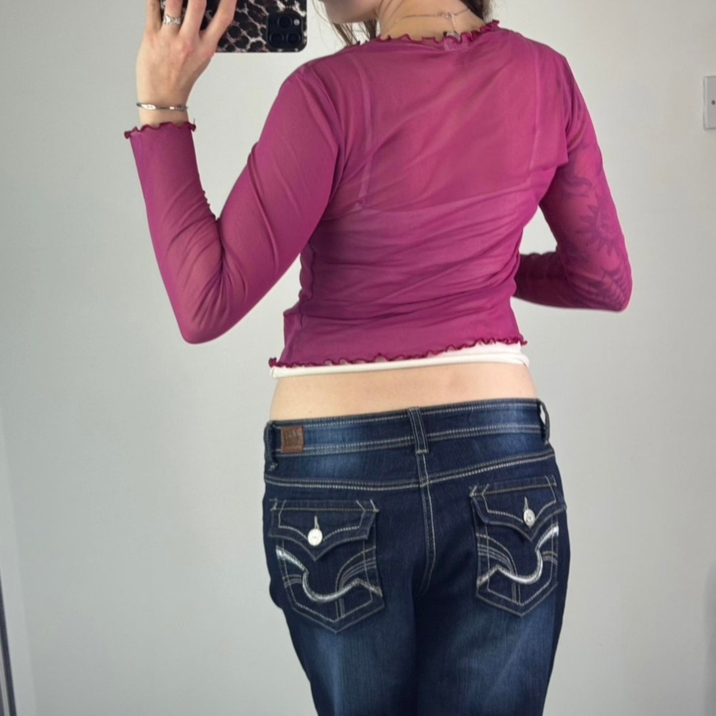 Y2K vintage Bay pink mesh long sleeve cardigan tie bow front lettuce hem cropped