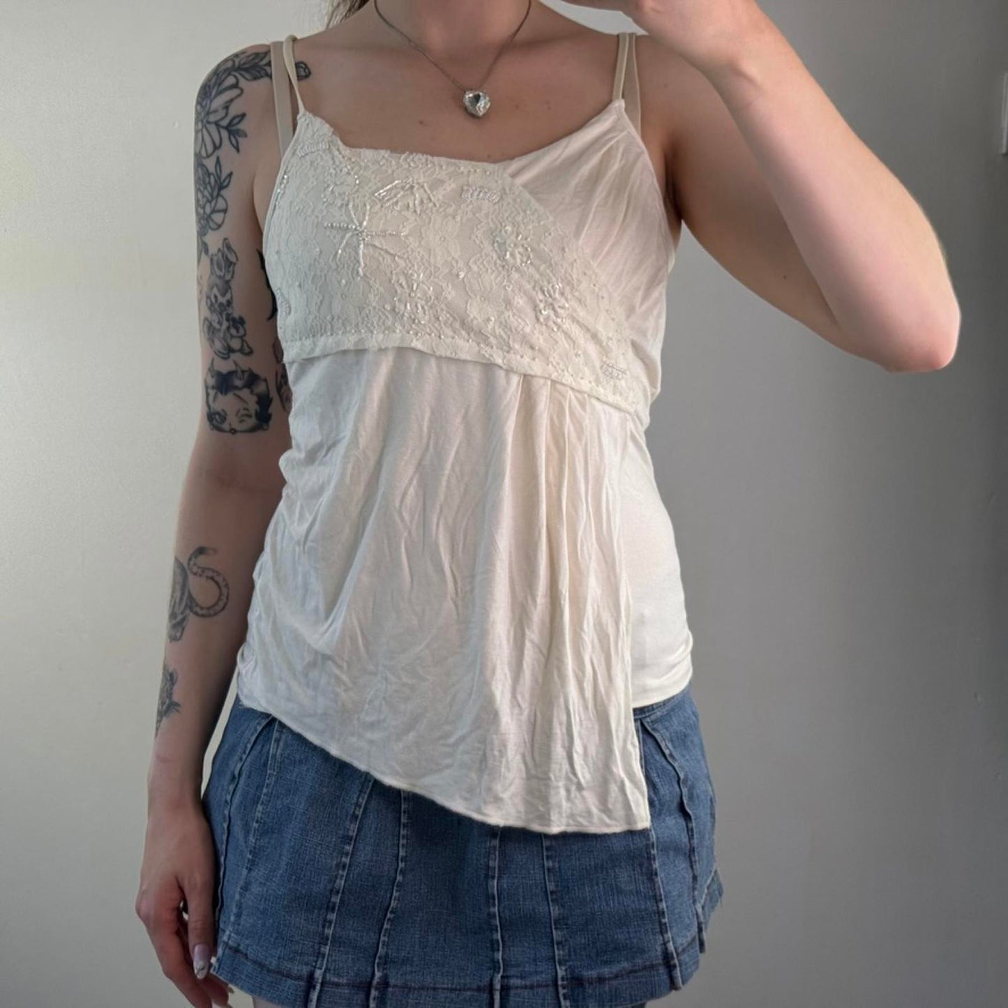 Y2K vintage beaded lace cami top asymmetrical layered hem strappy embellished