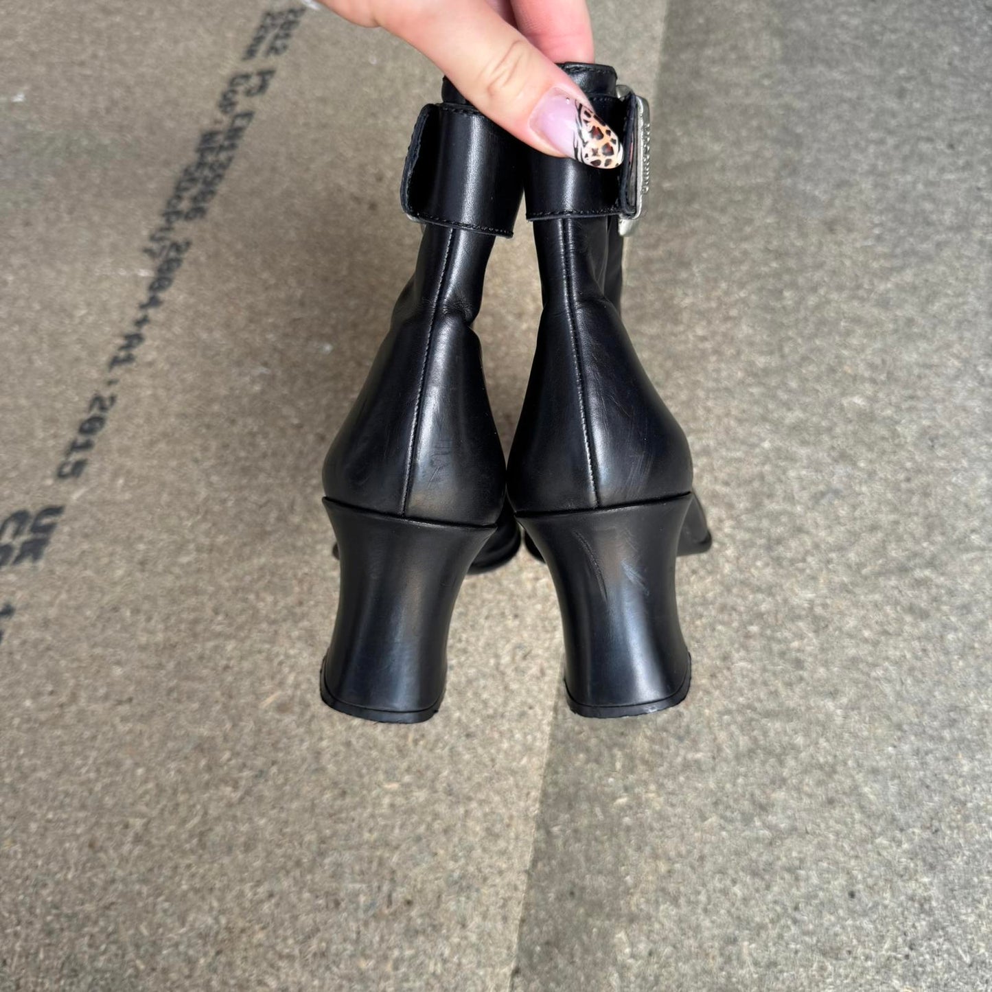 90s Y2K vintage Moschino leather block heel boots heart buckle square toe