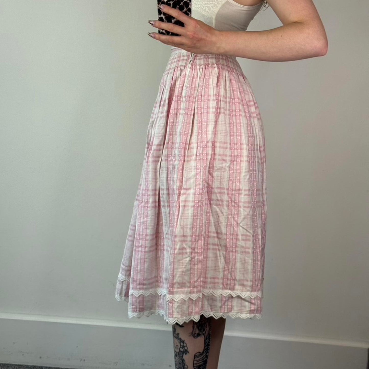 Vintage high waist gingham tartan coquette maxi skirt a line frilly kitsch