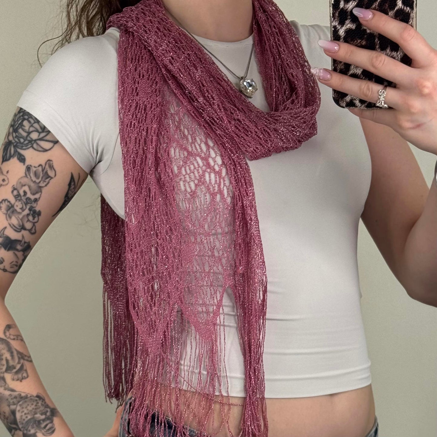 Y2K vintage sheer pink sparkly thin scarf fringe glitter lightweight