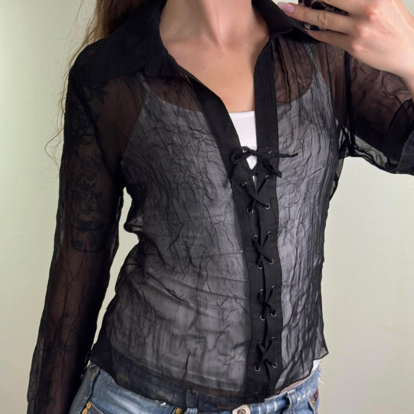 Y2K vintage sheer long sleeve blouse shirt lace up v neck black lightweight