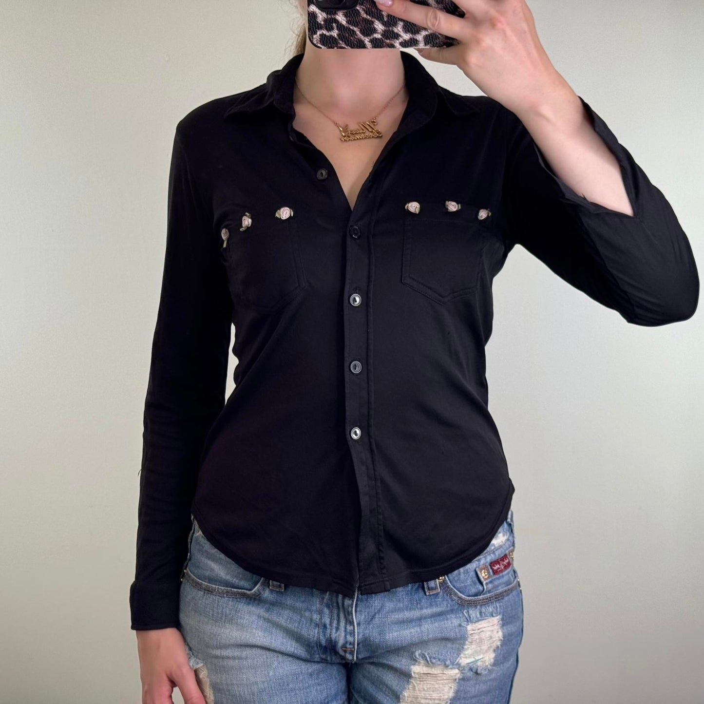 Y2K vintage button up long sleeve top stretchy 3D rose floral pockets curved hem