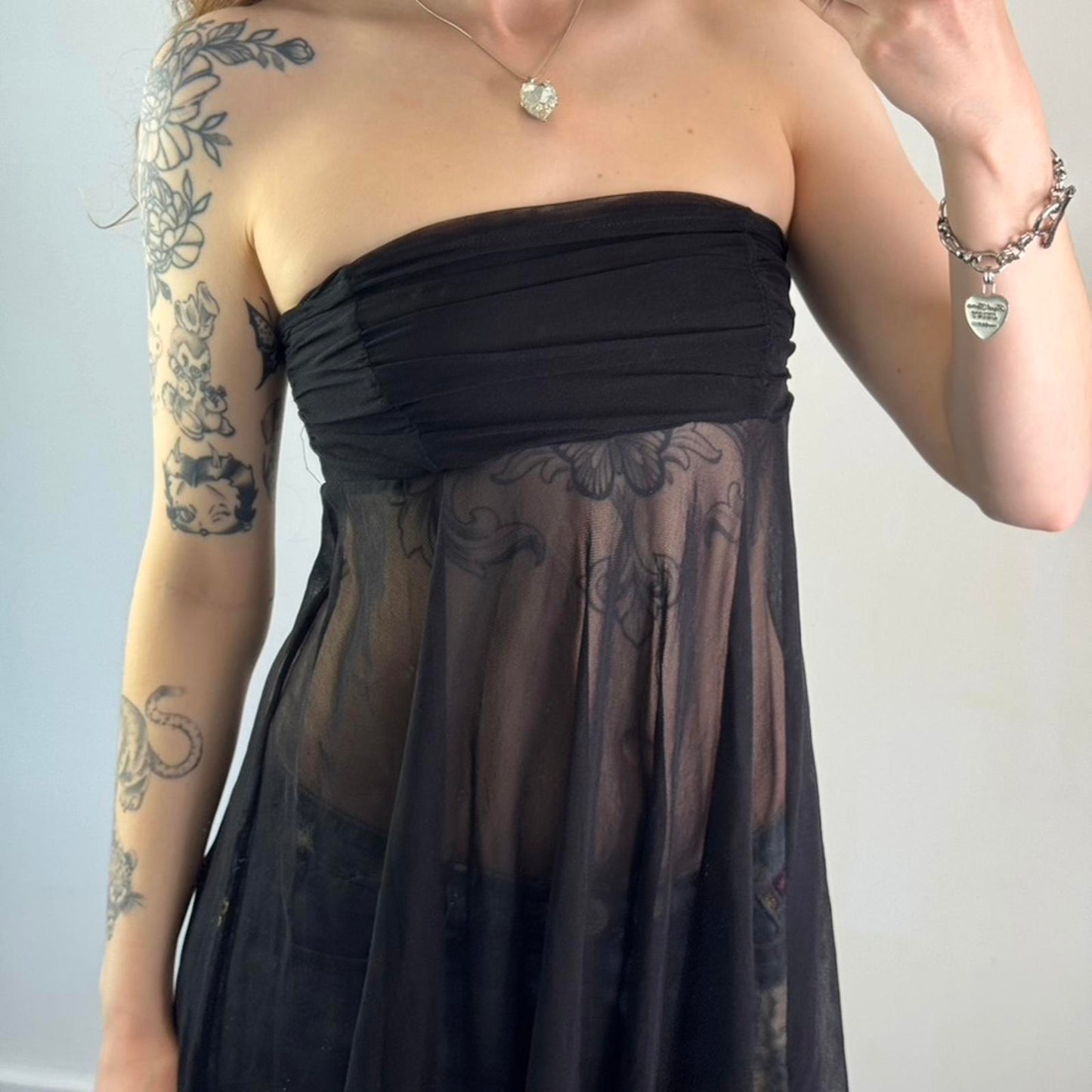 Y2K vintage strapless mesh longline top / mini dress tie back bow sheer ruched