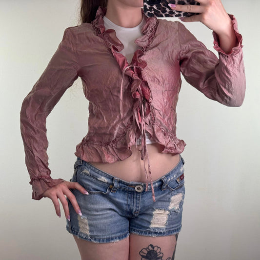 Y2K vintage lightweight jacket frill button up bow ruffle v neck