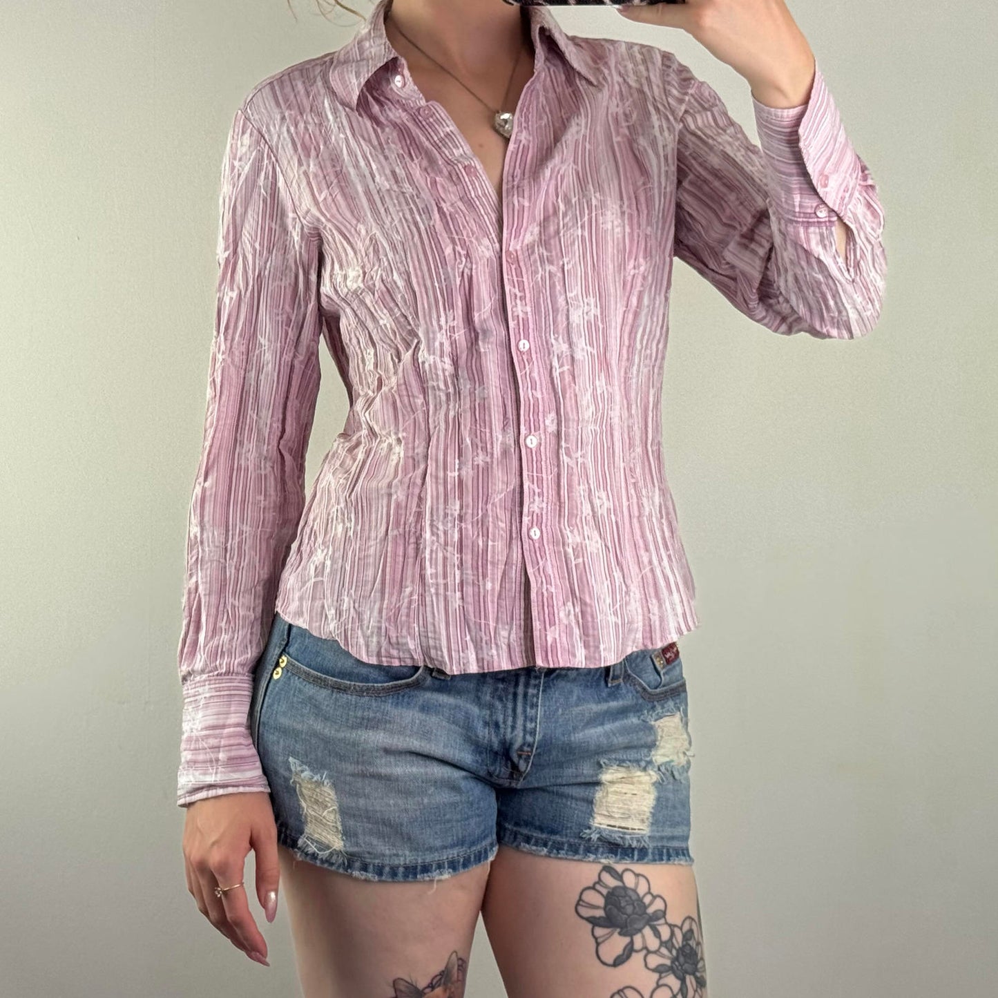 Y2K vintage pinstripe floral button up shirt long sleeve baby pink