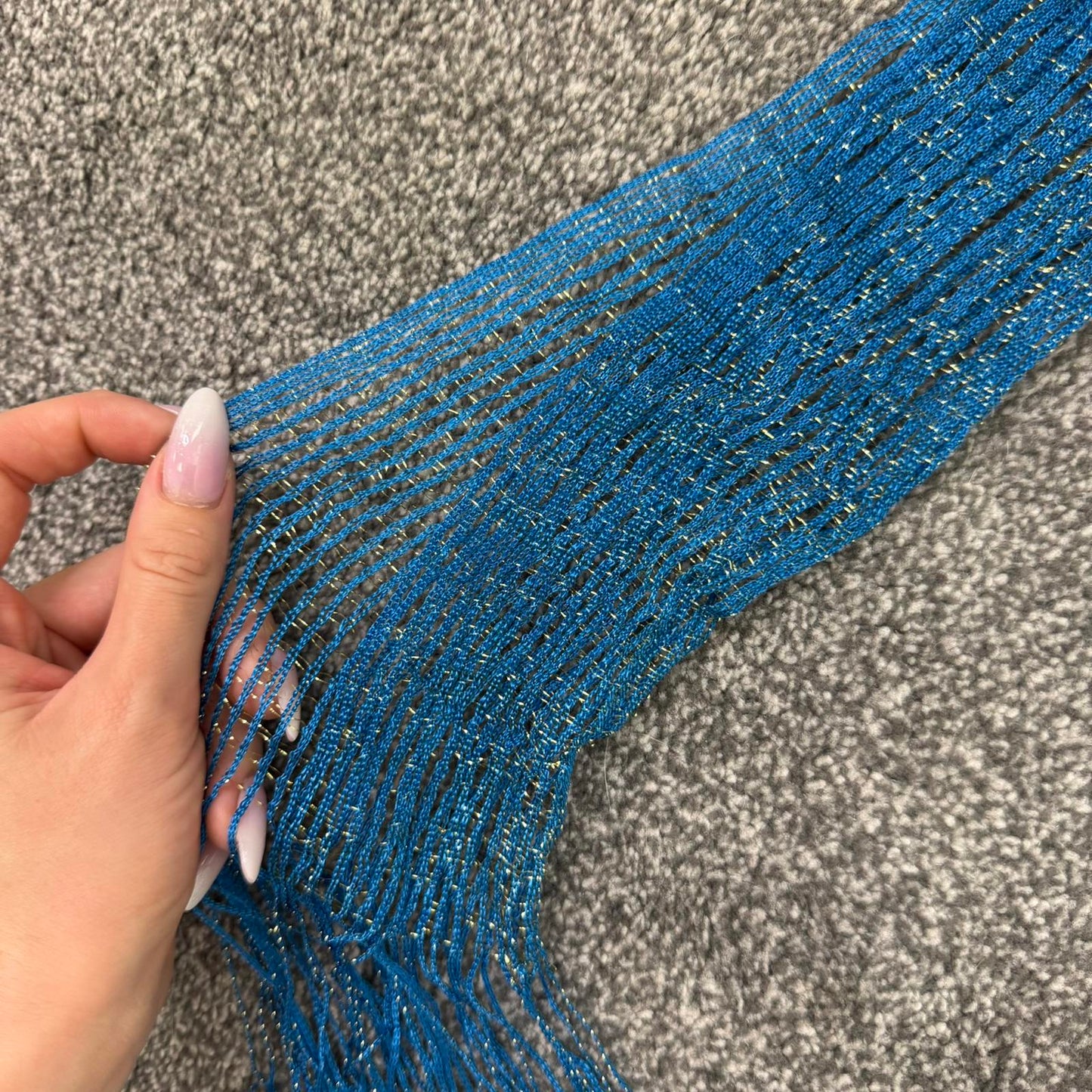 Y2K vintage sparkly glitter scarf stripe sheer blue tassel