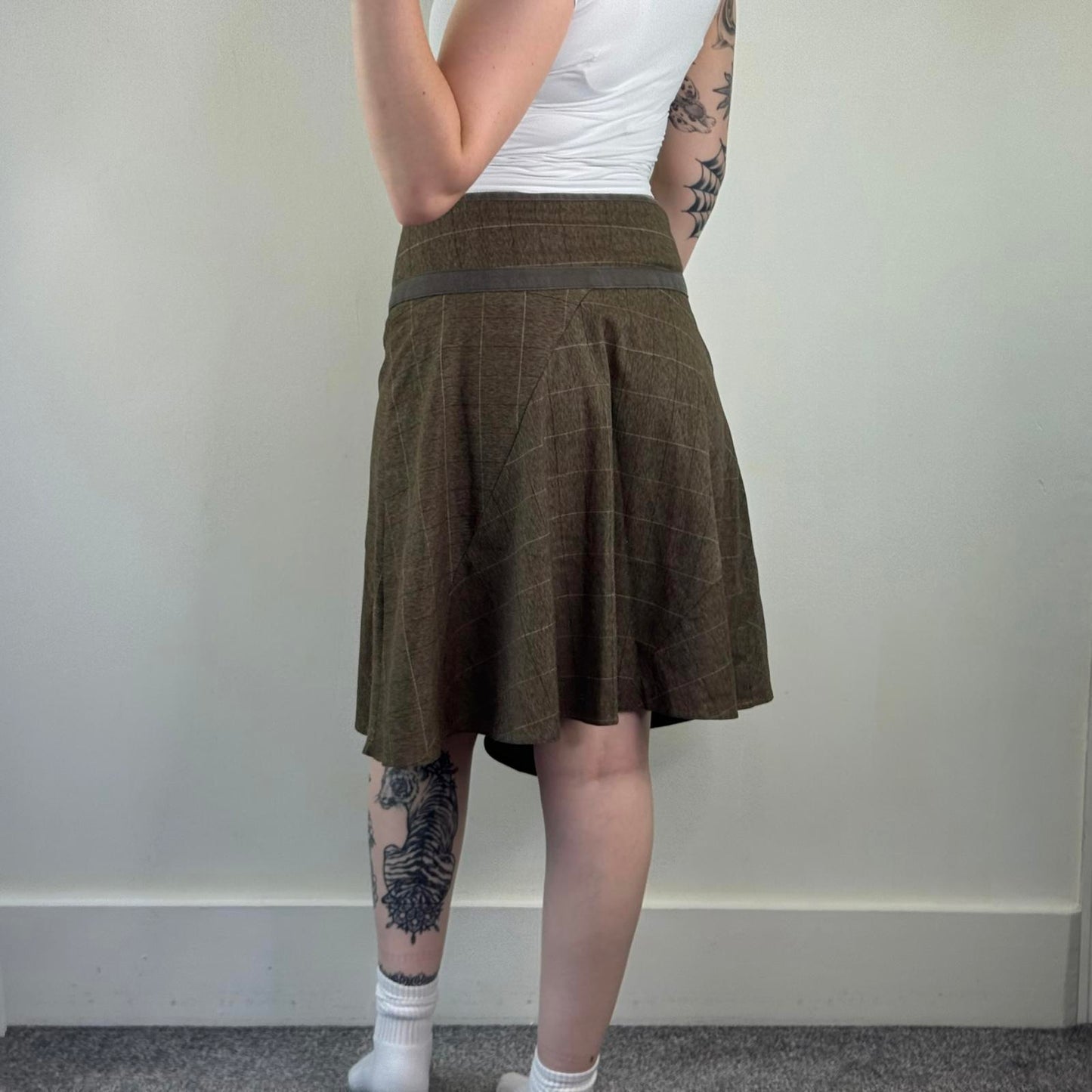 Y2K vintage Bay tweed check print midi skirt asymmetrical buckle a line
