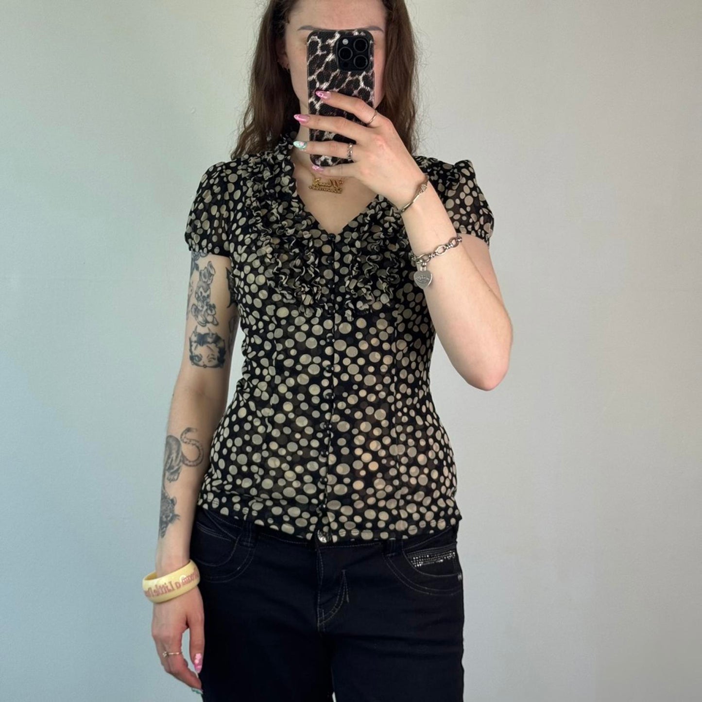 Y2K vintage polka dot spotty double mesh puff short sleeve top v neck frilly