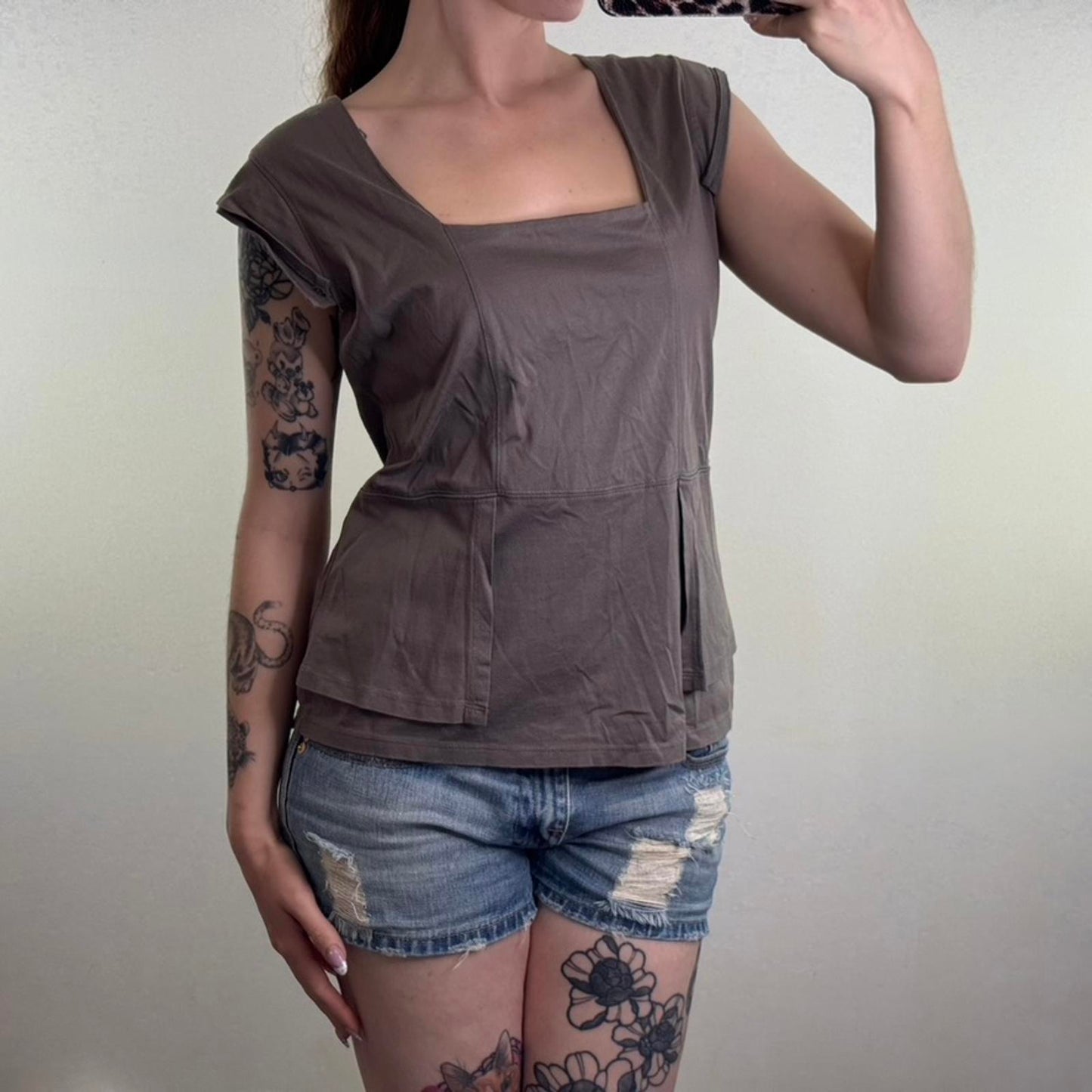 Y2K vintage archive square neck t shirt fitted top cap sleeve zipper layerd