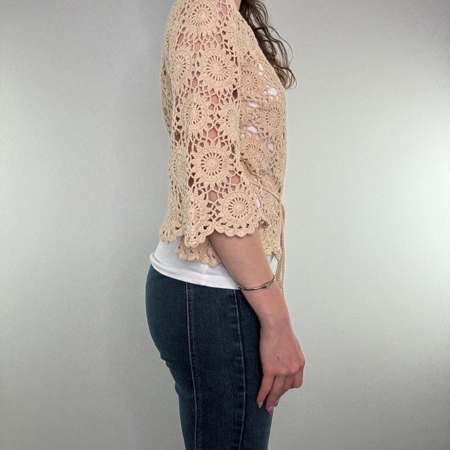 Y2K vintage crochet half sleeve bow top drawstring waist sheer floral cream