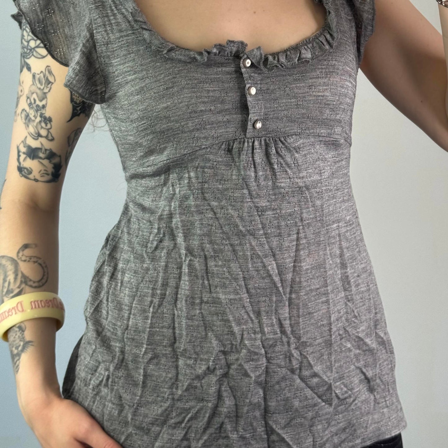 Y2K vintage babydoll fine knit top frill sleeve round neck tie back bow coquette