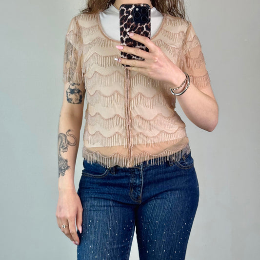 Y2K vintage peach mesh beaded tassel hook and eye short sleeve cardigan