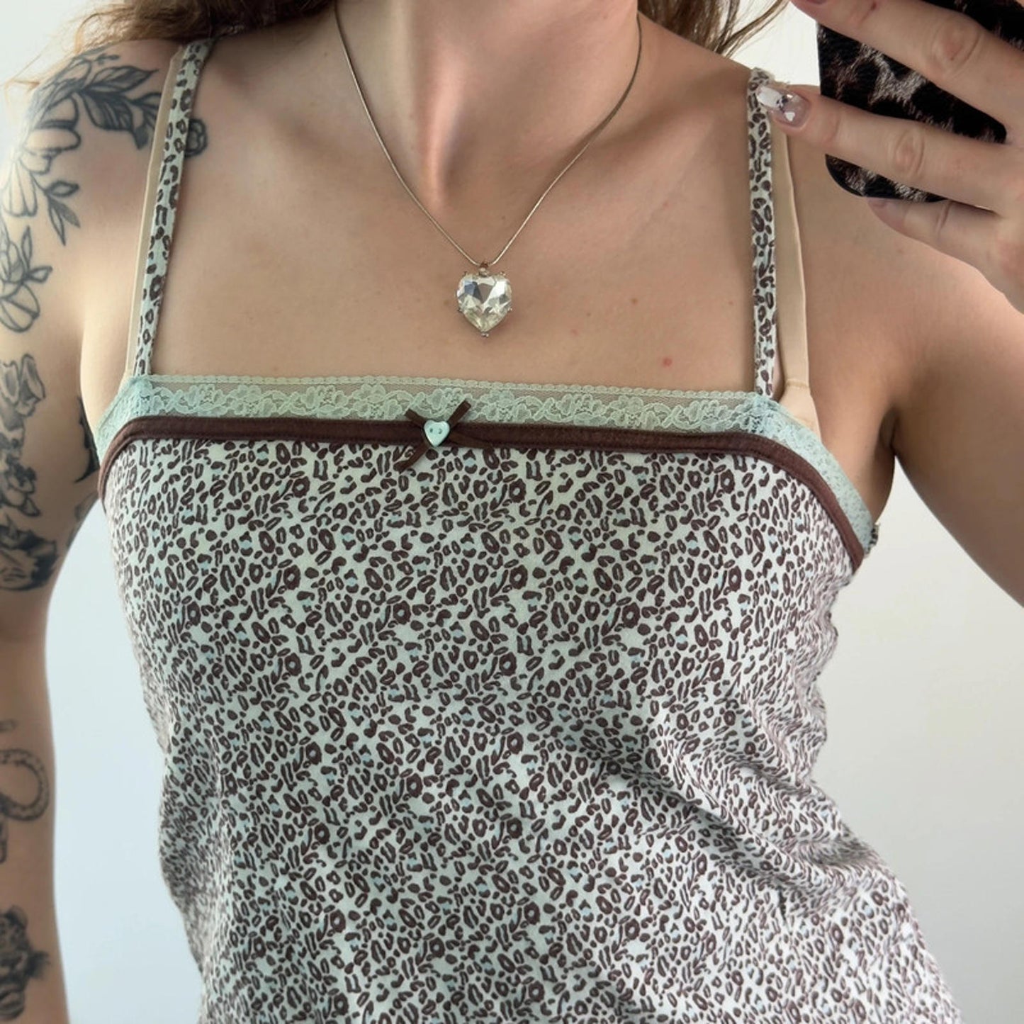 Y2K vintage leopard print cami top lace trim heart button bow square neckline