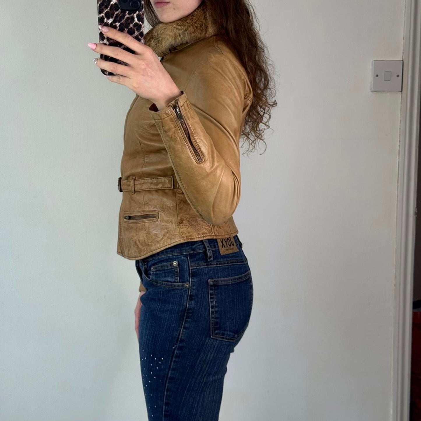 Y2K vintage genuine leather real fur trim collar zip up fitted jacket