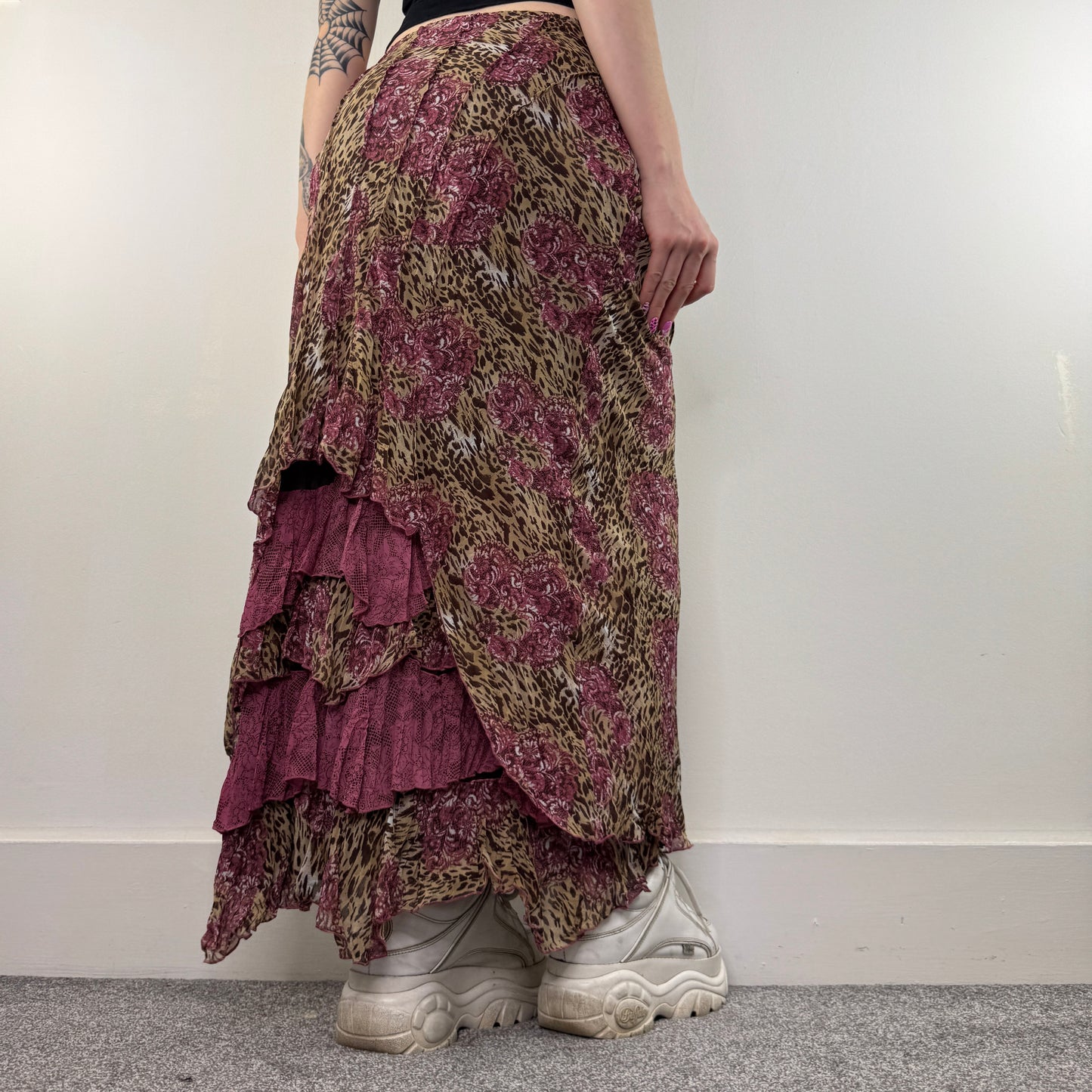 Y2K vintage leopard print frilly maxi skirt