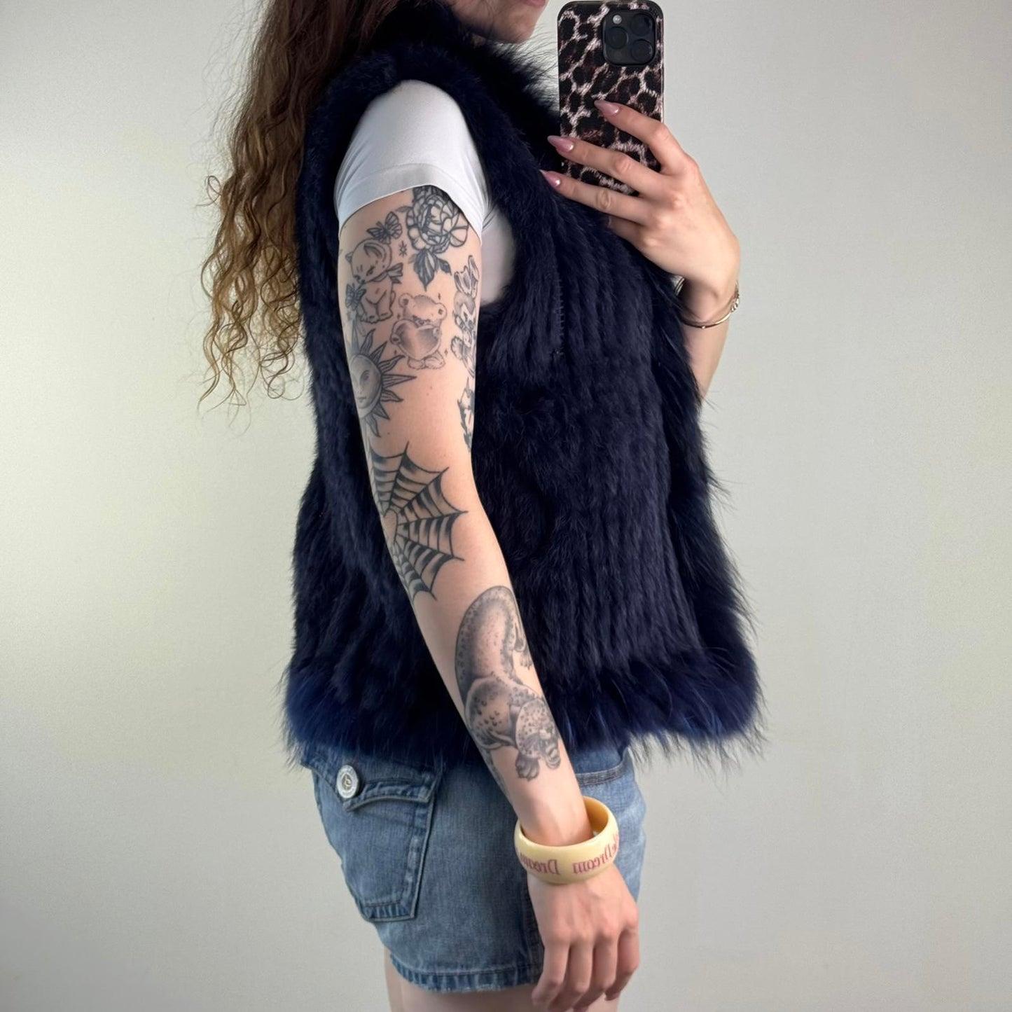 Genuine fur rabbit/ raccoon sleeveless jacket gilet v neck blue