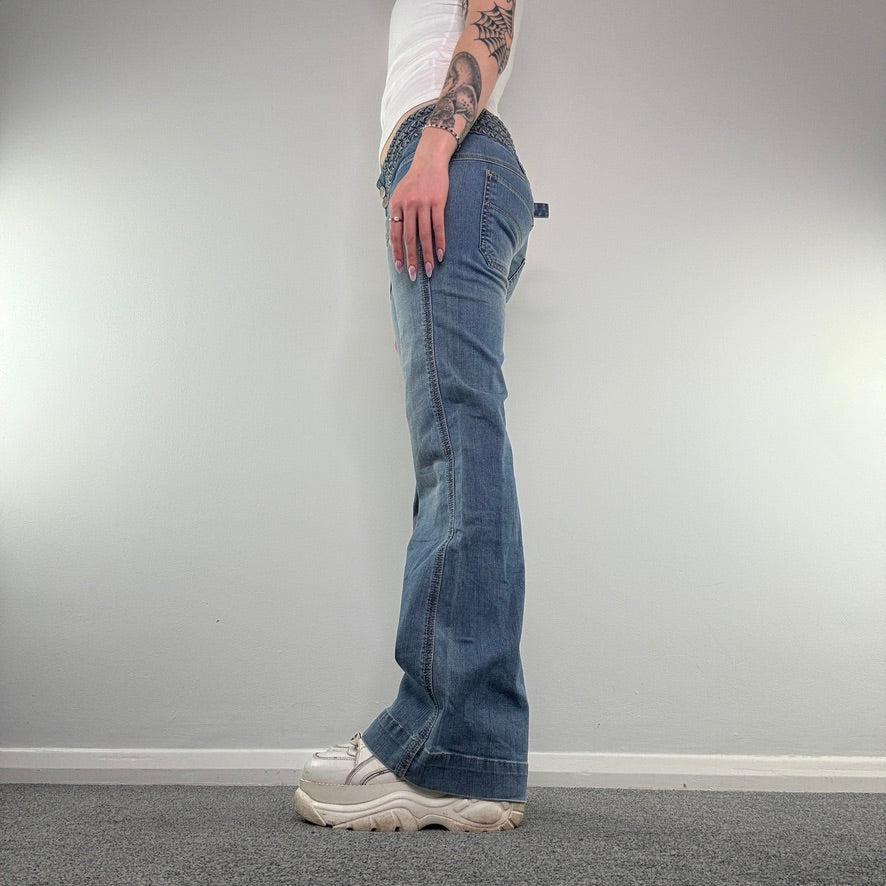 Y2K low rise light faded denim flower embroidered bootcut jeans