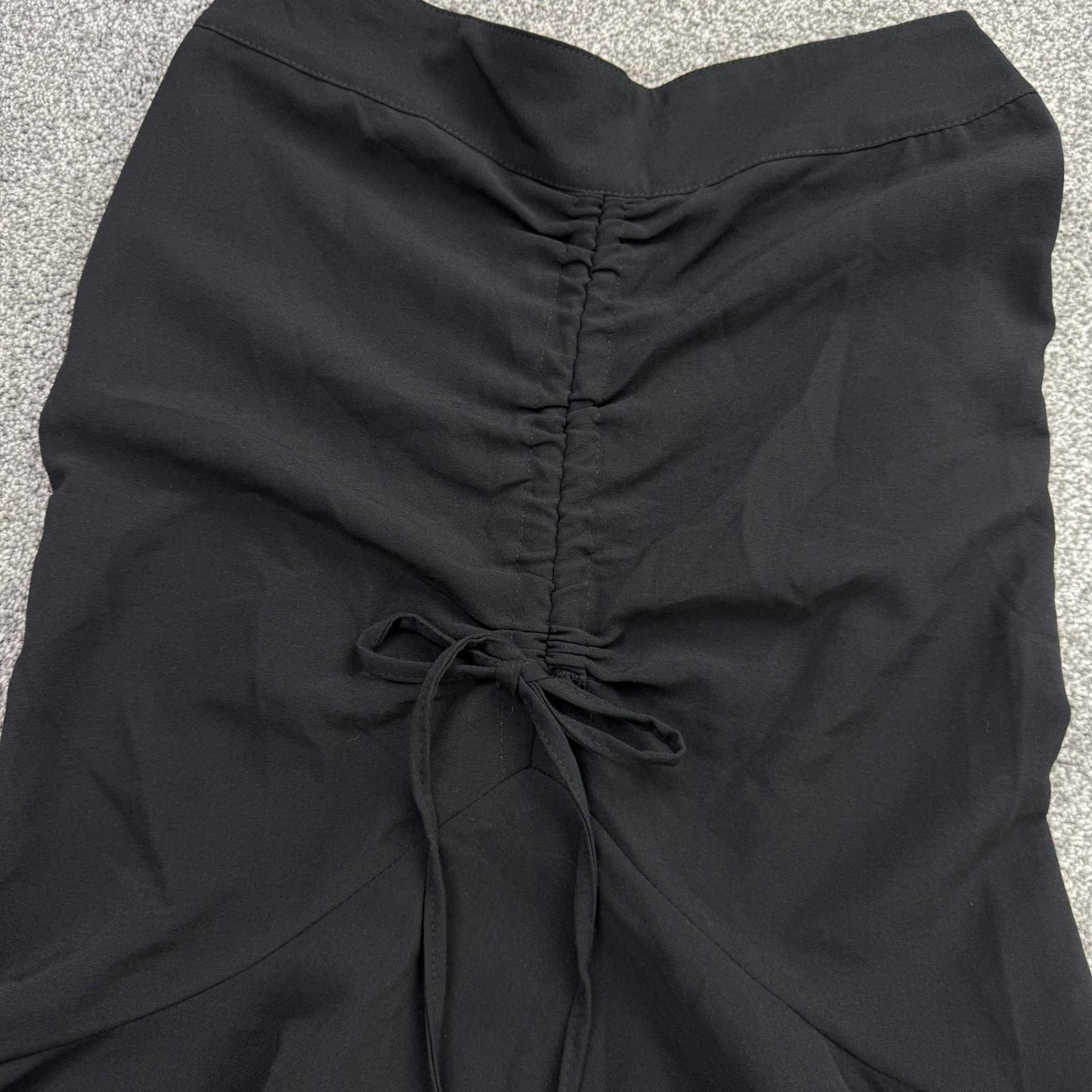 Y2K vintage stretchy ruched midi skirt bow lace trim a line ruffle fit flare hem