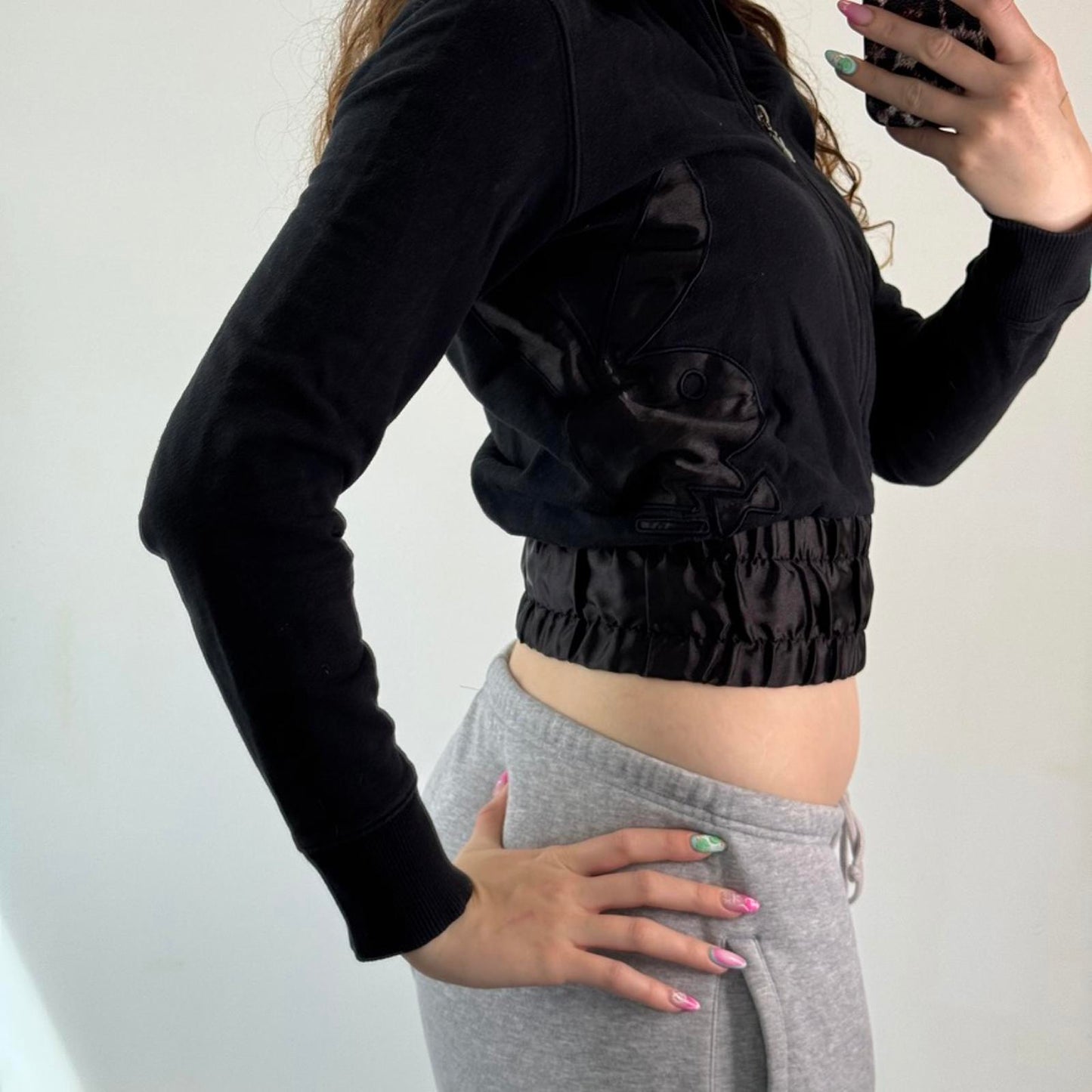 Y2K vintage Playboy cropped zip up jumper satin logo sporty black elastic waist