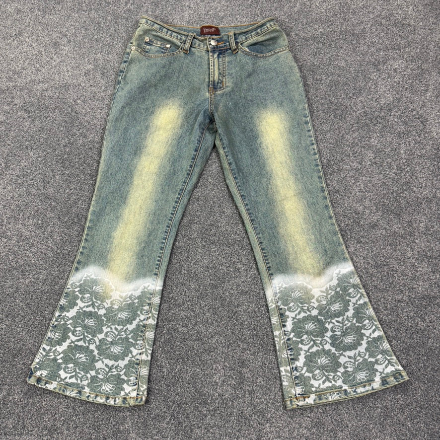 Y2K faded denim floral bootcut jeans