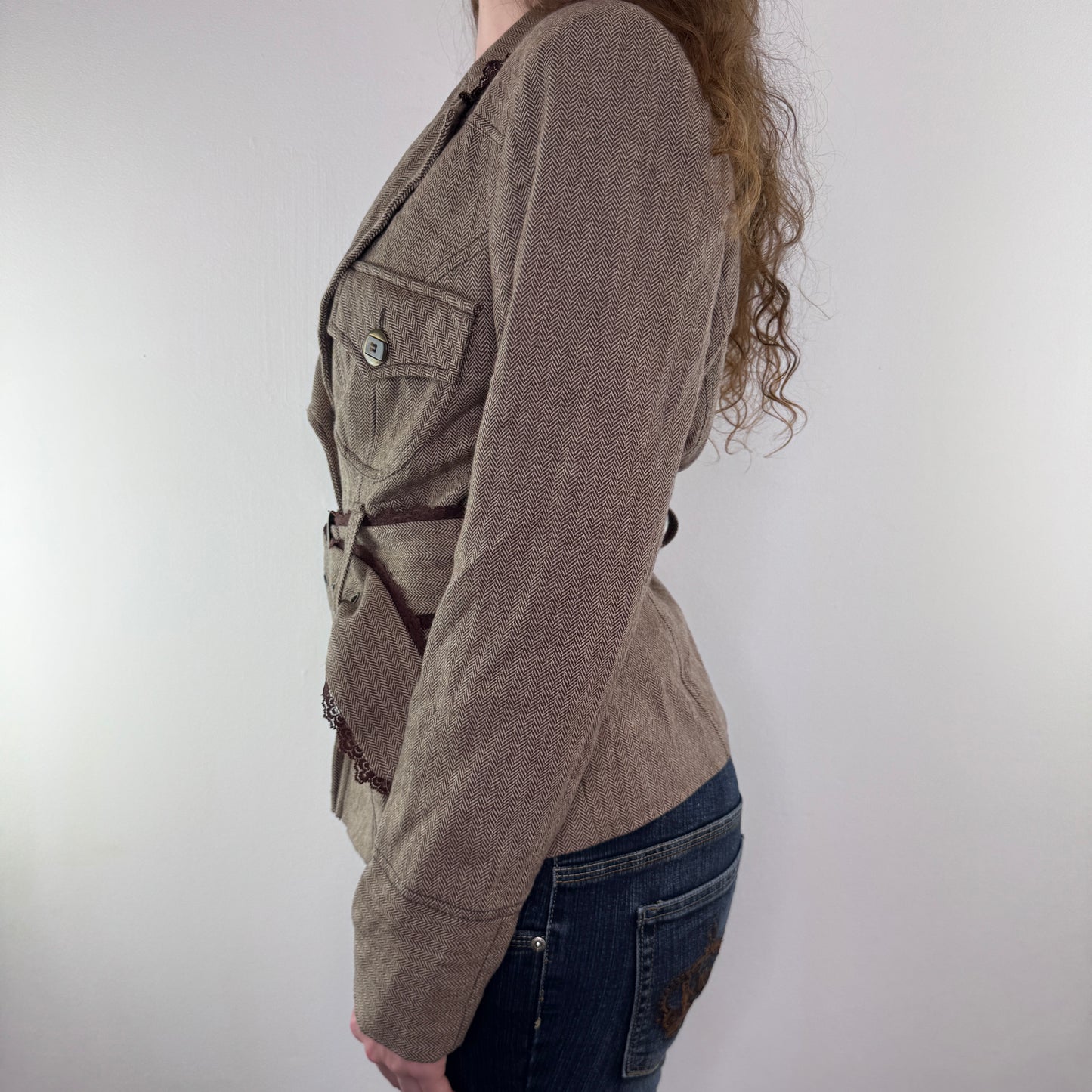 Y2K vintage herringbone lace trim tweed jacket with belt