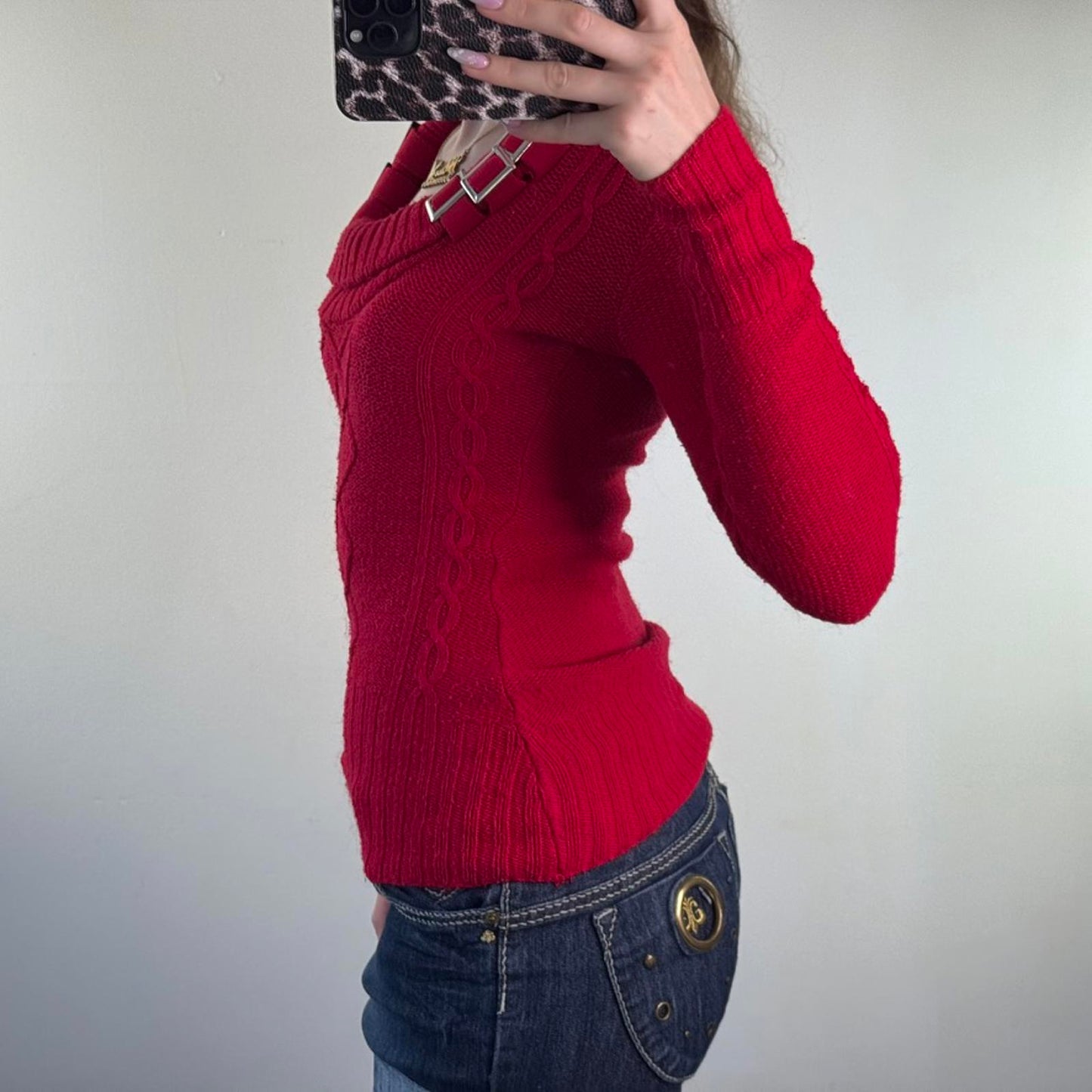 Vintage Jane Norman roll neck knitted jumper buckle scoop neck