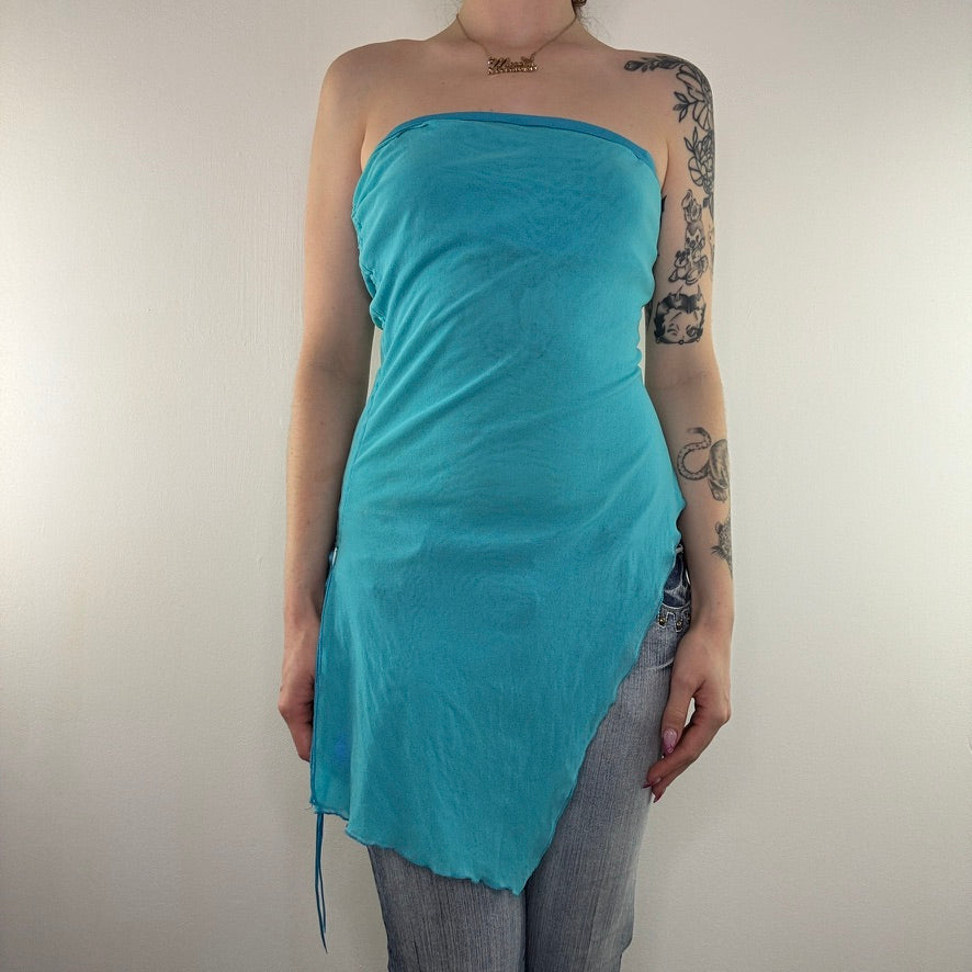 Y2K vintage strapless top asymmetrical mesh ruched ruffle lettuce hem